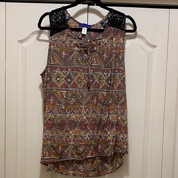 Simply Styled By Sears Tops - Sears Geometric Print Blouse with Black Lace
